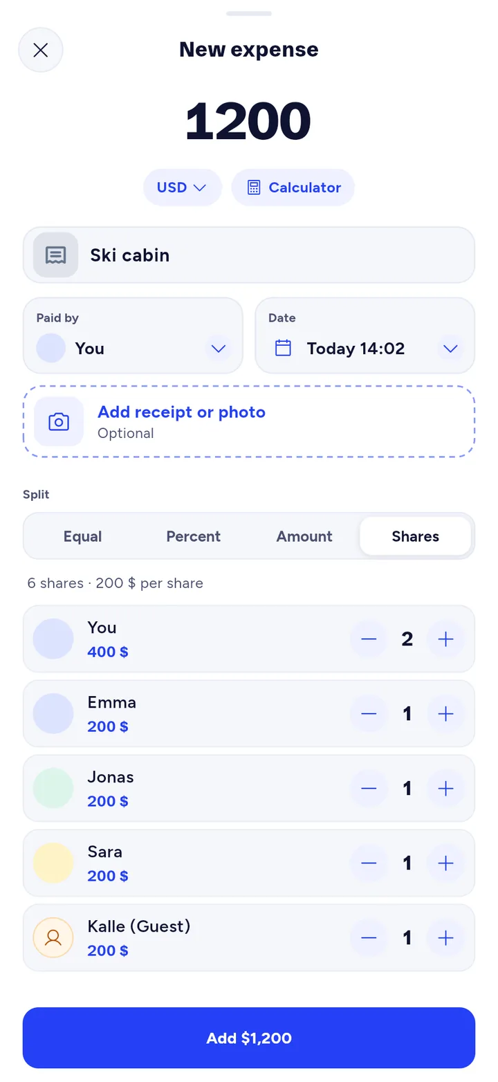 A new $1,200 expense for a ski cabin, split by shares between You, Emma, Jonas, Sara and the guest Kalle.