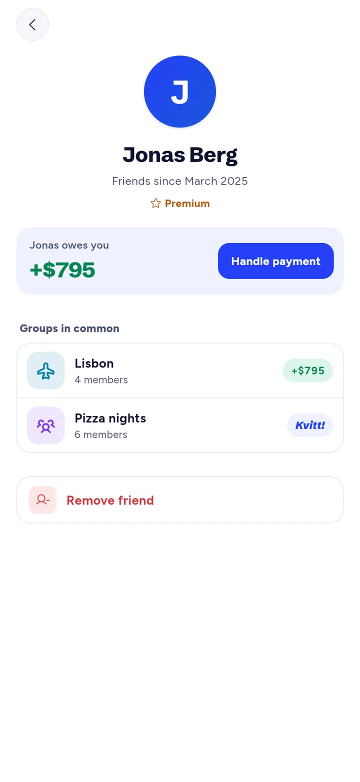 The profile of Jonas Berg: Jonas owes you +$795, in the groups Lisbon and Pizza nights.