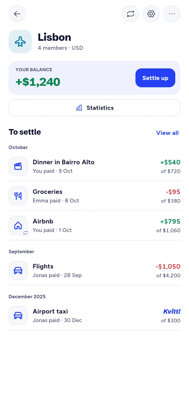 The Lisbon group with a balance of +$1,240 and expenses such as Dinner in Bairro Alto and Airbnb.
