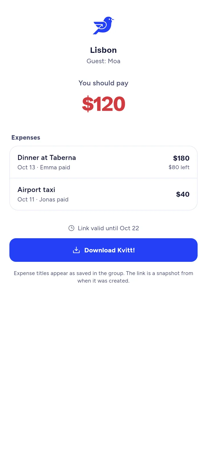 The guest link for the Lisbon group: the guest Moa should pay $120 for Dinner at Taberna and an airport taxi.