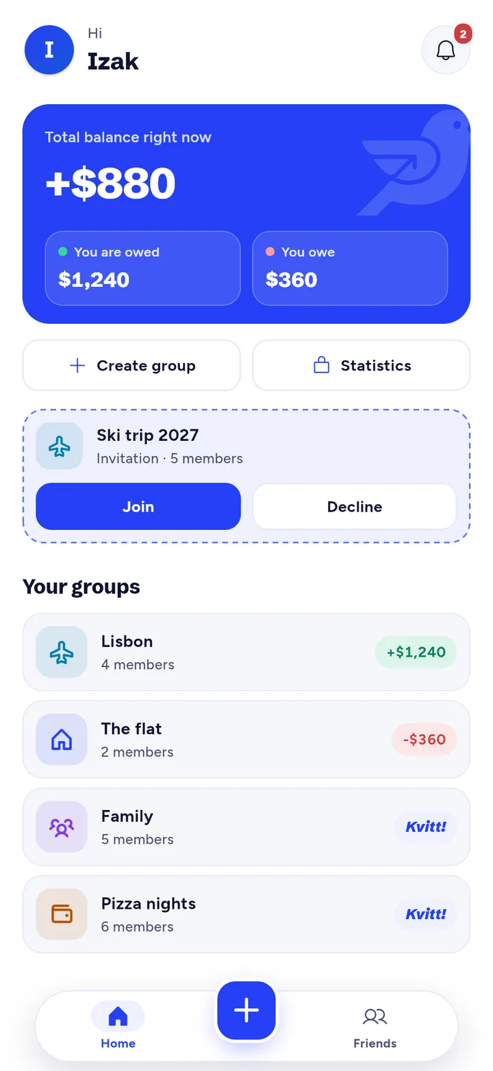 The Kvitt home screen: total balance +$880, with $1,240 owed to you and $360 to pay, and the groups Lisbon, The flat, Family and Pizza nights.
