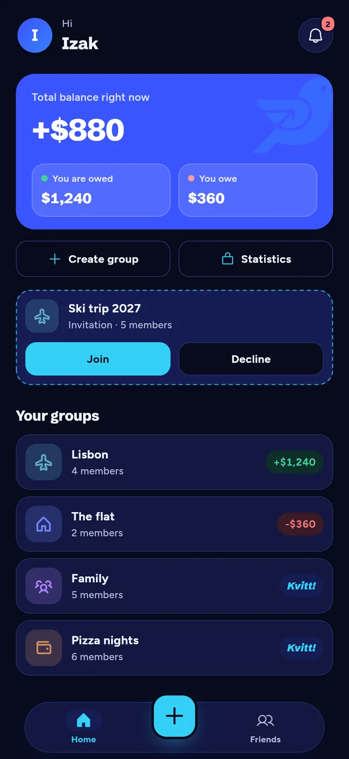 The home screen in dark mode.