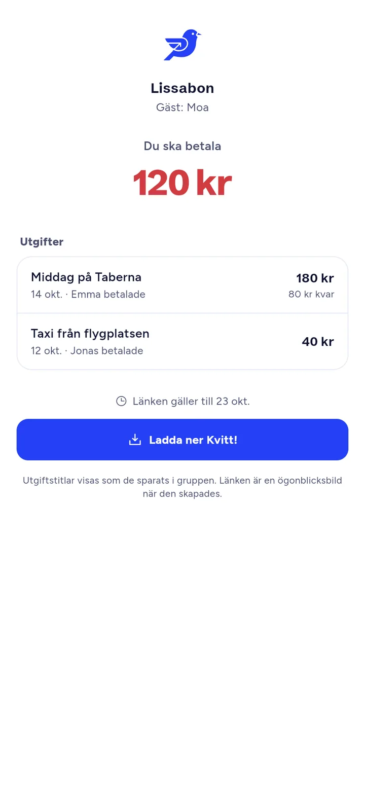 Gästlänken för gruppen Lissabon: gästen Moa ska betala 120 kr för Middag på Taberna och Taxi från flygplatsen.