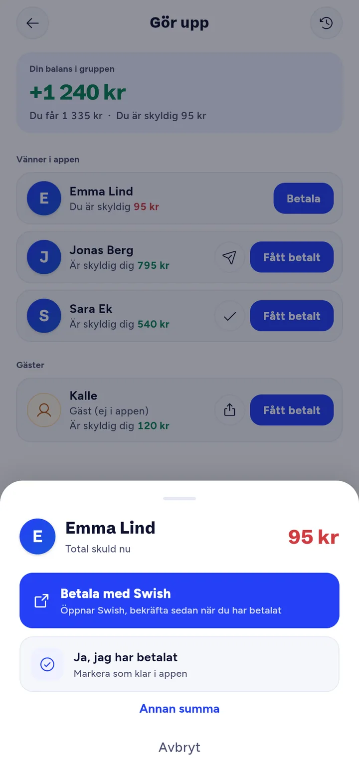 Gör upp-vyn med knappen Betala med Swish för 95 kr till Emma Lind.